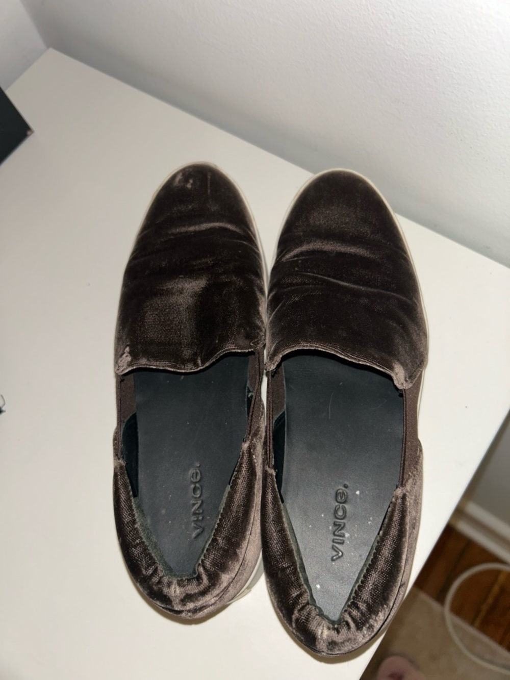 Brown velvet slip ons